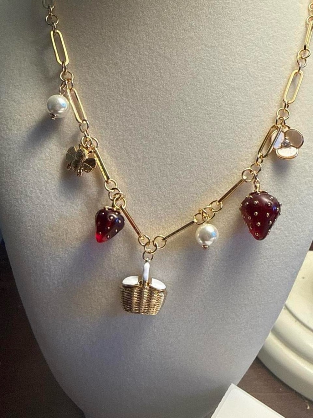 Kate Spade Gold-Tone Strawberry & Basket Charm Necklace with Pearls